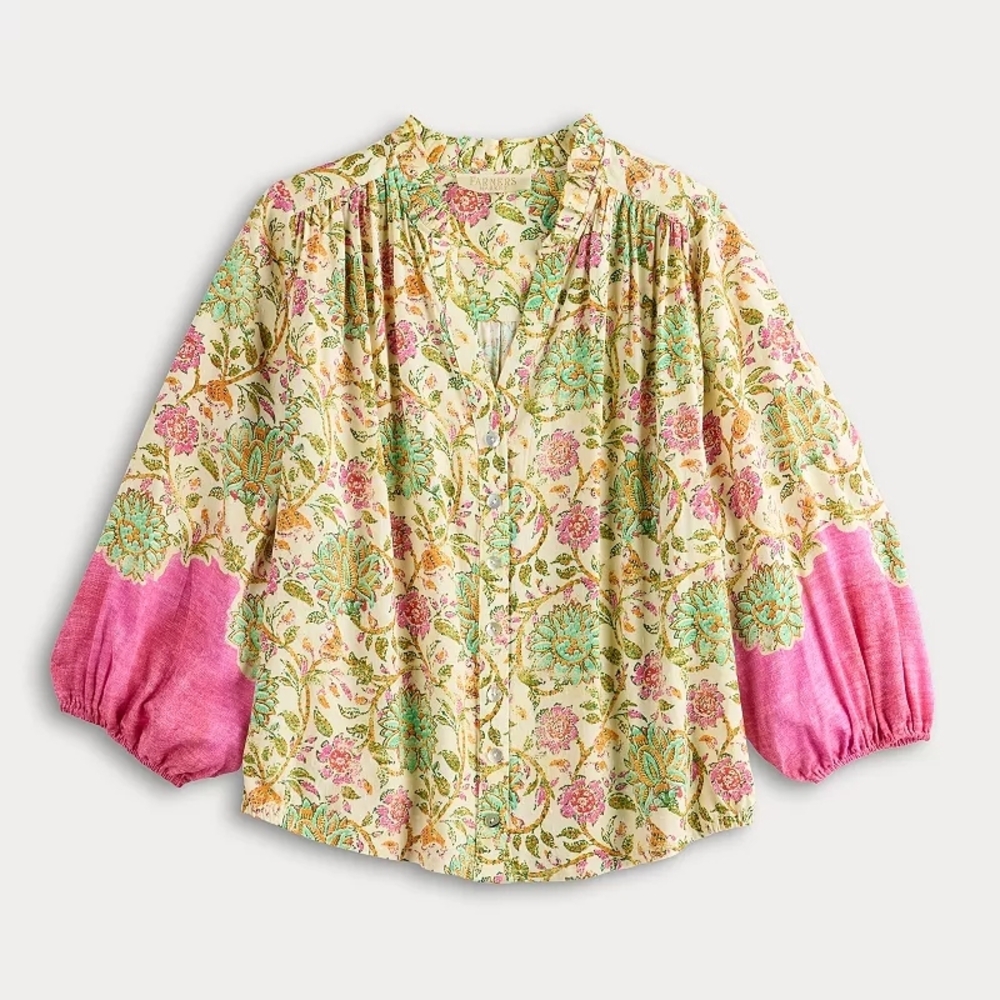 Farmers Market Puff Sleeve Top Floral Peasant Blouse Pink Sleeve Accent Size S